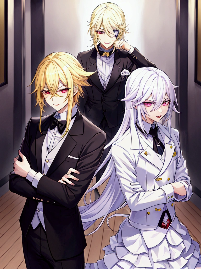 Hair yellow, Hair Grey, Anime style image of a man with long blonde hair wearing a black suit and white shirt, purple eye, a character portrait inspired by Yamagata Hiro, pixiv, what is?, pat pat anime, delicate androgynous prince, white skin, two mens, black face, guapo drow, beautiful androgynous prince, Johan Liebert mixed with Alucard, handsome boy with eye patch, handsome anime man, excited, POV, Perspectiva, Brillar, Luz de reflejo, Riendo, Yaeba fuera, Expresiones, Gimiendo, Lengua larga, Sonrisa, Jitome, Rubor en toda la cara, Expresiones, Corazón en los ojos, Loco, yendere,