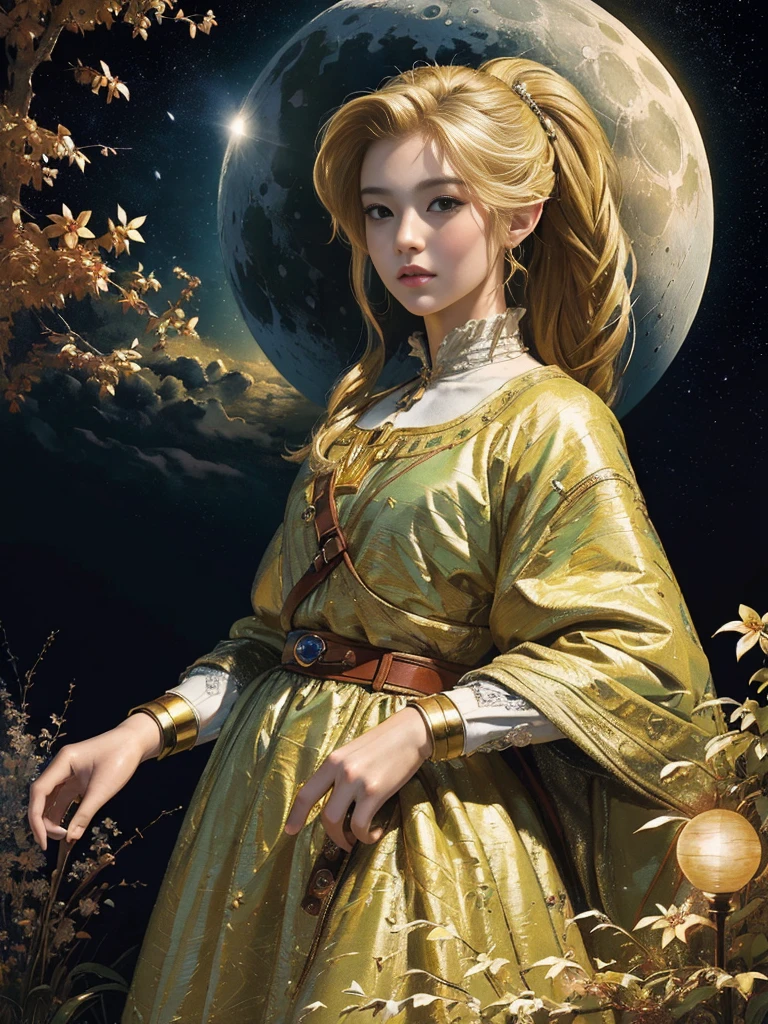 (masterpiece、top-quality、top-quality、Detailed and complex、official art、aesthetically pleasing:1.3)、(Link) (realistic art:1.3) Blonde hair. Moon and stars background