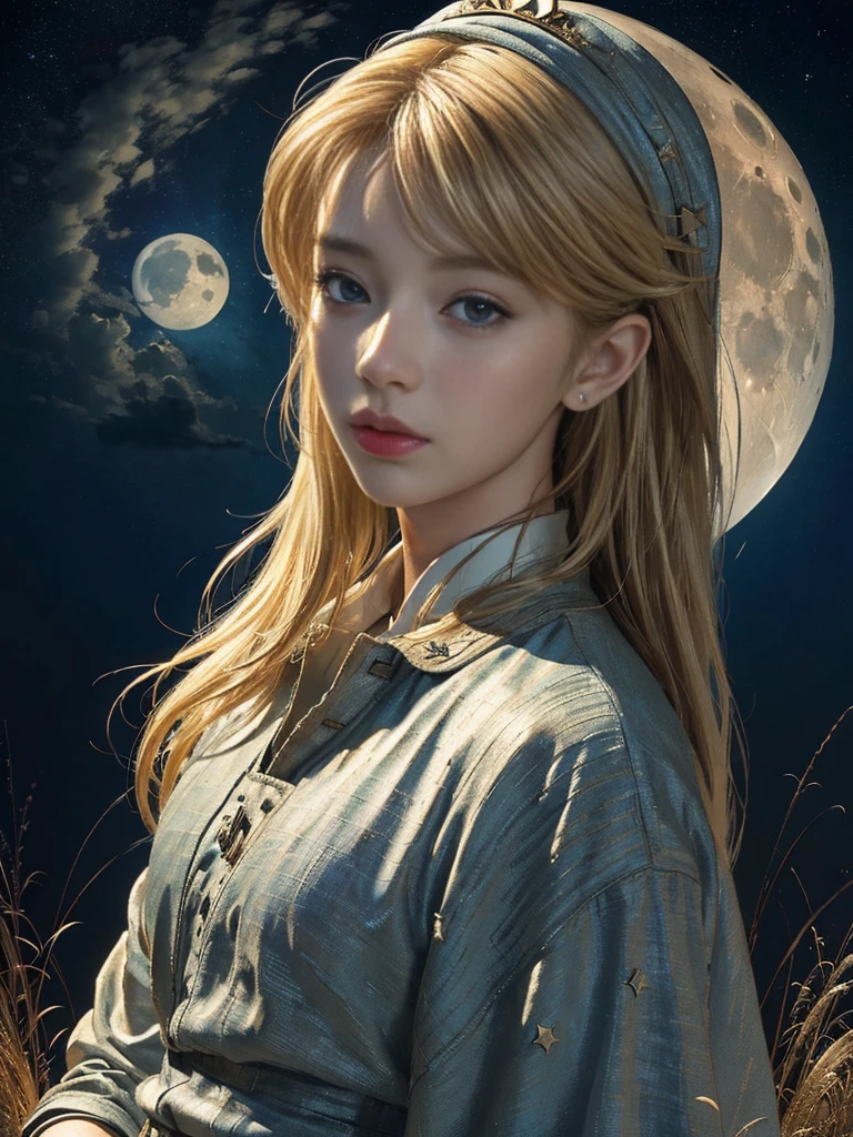 (masterpiece、top-quality、top-quality、Detailed and complex、official art、aesthetically pleasing:1.3)、(Link) (realistic art:1.3) Blonde hair. Moon and stars background