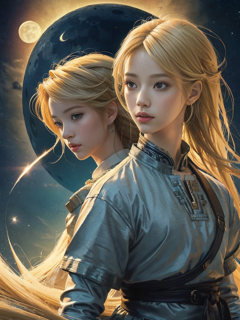 (masterpiece、top-quality、top-quality、Detailed and complex、official art、aesthetically pleasing:1.3)、(Link) (realistic art:1.3) Blonde hair. Moon and stars background