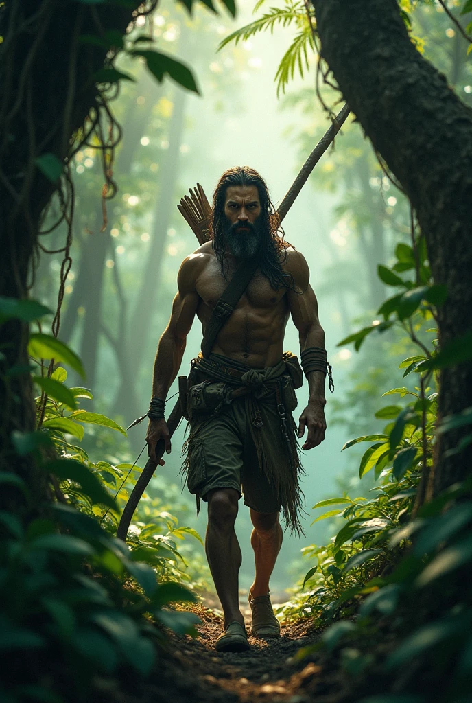 Jungle me akela aadmi apne dhnush ke sath khi jata hua