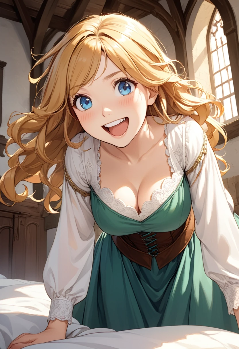 detailed illustration, dynamic angle, ultra-detailed, illustration, 1girl, long wavy blonde hair, bright blue eyes, medium breasts, cleavage, medieval dress, green dress, white blouse, brown corset, medieval bedroom, leaning forward, eager, interested, happy, laughing