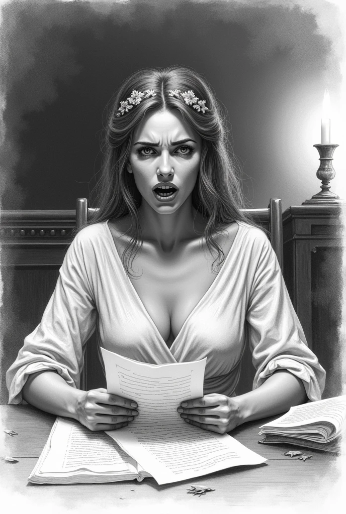 Make me a picture as if it were done in pencil where the queen is shown with an expression of horror when reading about King Oedipus' past.