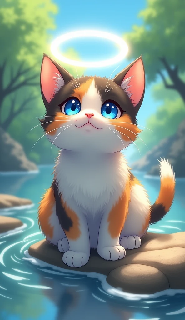 Close-up of a calico cat playing by the river,blue eyes, Angel Halo, High resolution, Illustration of movement, Background blur, Reality, Soft Light, Character Design, Anime Style,