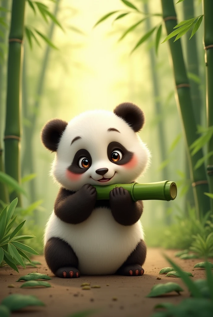 I need you to design me an animated image of a cute  panda biting a bamboo branch