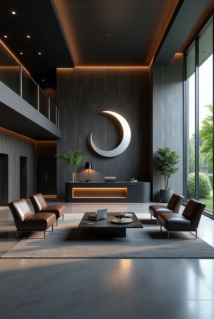 Professional 3d architecture rendering design of modern   And high tech for boticque  hotel’s Labi with  dark slab  stone  and 4 dark brown leather Chairs  and medium  flouting  dark gray marble  station and  2 laptops and coffee table elegant and modern  glassy and silver accessories and  modern windows and  private space for baggage  in the Labi and black slab stone middle table and elegant accessories and modern ceiling lighting and beautiful green space and private space for baggage with silver wall and silver reception and big  silver sculpture of crescent moon 