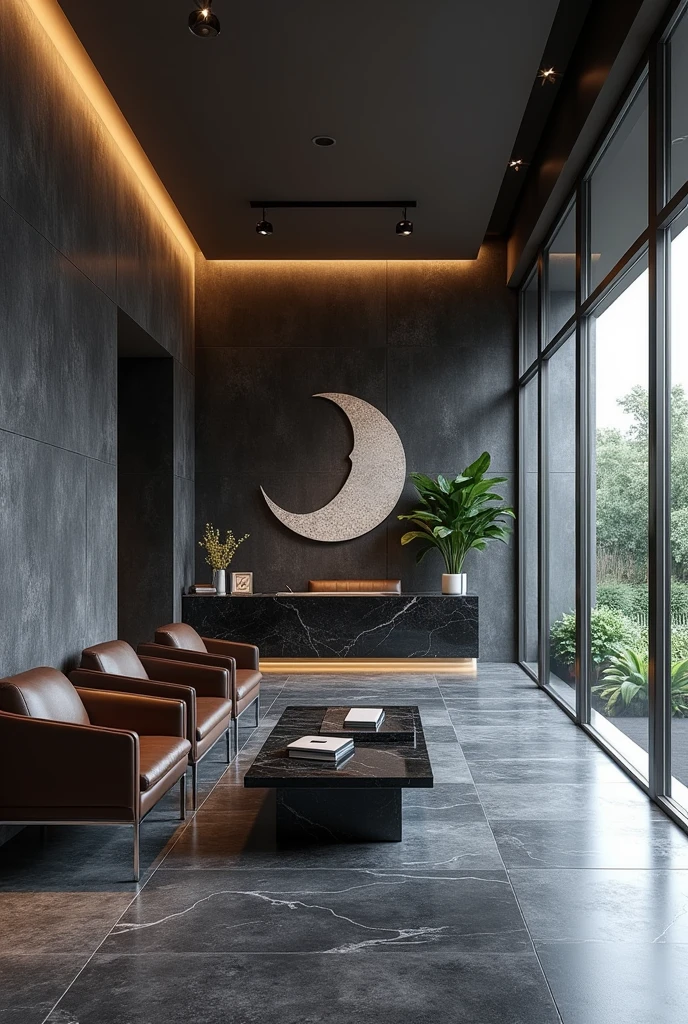 Professional 3d architecture rendering design of modern   And high tech for boticque  hotel’s Labi with  dark slab  stone  and 4 dark brown leather Chairs  and medium  flouting  dark gray marble  station and  2 laptops and coffee table elegant and modern  glassy and silver accessories and  modern windows and  private space for baggage  in the Labi and black slab stone middle table and elegant accessories and modern ceiling lighting and beautiful green space and private space for baggage with silver wall and silver reception and big  silver sculpture of crescent moon 