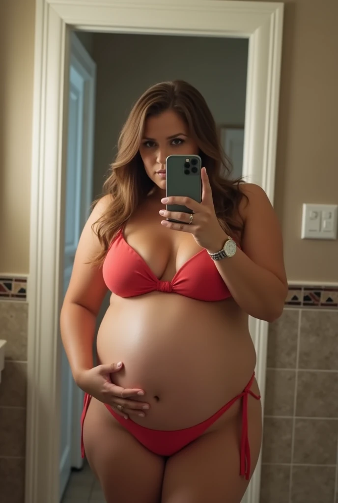 Pov fisheye camera view when pregnant fat plus size from Spain has a big belly 9 months 39 weeks taking a selfie wearing a bikini, wearing a watch while holding an iphone11 in front of the bathroom mirror with a bra that looks big. HD, cinematic, 32k UHD, ultra detail, extra-high sharpen, masterpiece