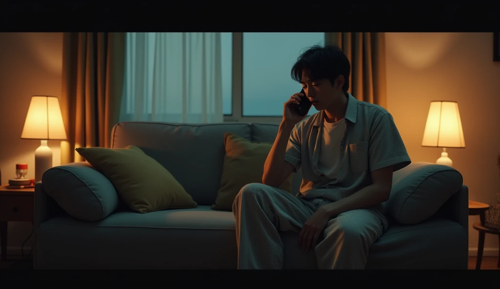 A Japanese salaryman responding to an urgent call from the office in his living room late at night. The scene is realistic, capturing the tension in the quiet of the night. The salaryman, dressed in loungewear, sits on the sofa with a slightly tired expression, holding his phone to his ear as he speaks seriously. The background features a dimly lit living room, softly illuminated by warm lighting, reflecting the pressure of dealing with an emergency late at night