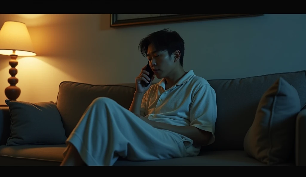 A Japanese salaryman responding to an urgent call from the office in his living room late at night. The scene is realistic, capturing the tension in the quiet of the night. The salaryman, dressed in loungewear, sits on the sofa with a slightly tired expression, holding his phone to his ear as he speaks seriously. The background features a dimly lit living room, softly illuminated by warm lighting, reflecting the pressure of dealing with an emergency late at night