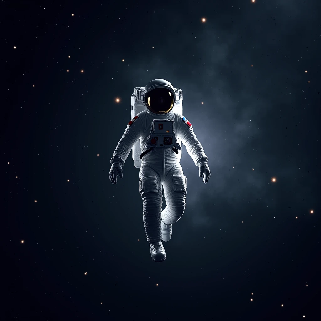 Astronaut floating in space.exterior , shines , Many stars , constellations , galaxies , a flash of light comes out of his suit 