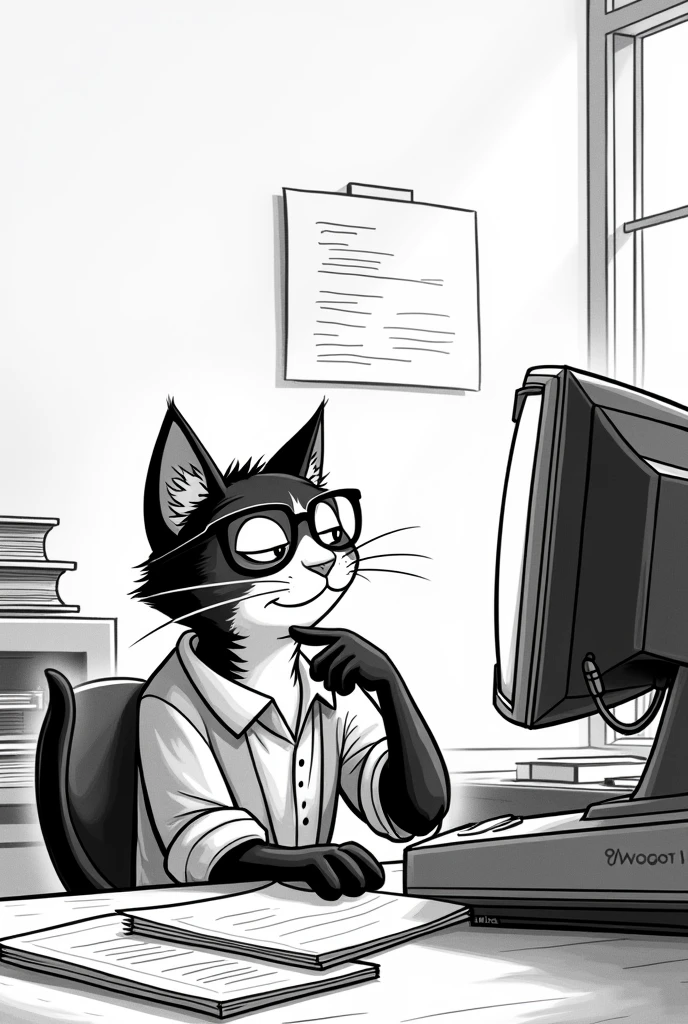 create a cat with glasses,  that I&#39;m writing on a computer for a comic that is in black and white and looks more serious, is teacher, that he smiles and looks like he had an idea
