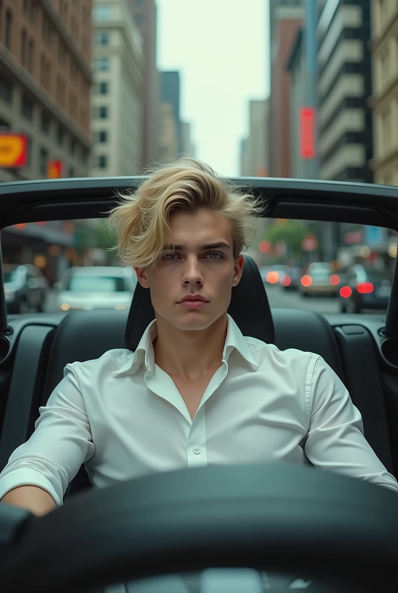A young man. His face is white skin, blonde hair is messy, eyes with heterochromia. Driving his black Audi through the streets of New York. There is only one person in the car and it is him. Dressed in an elegant white shirt. All this is seen from a distance