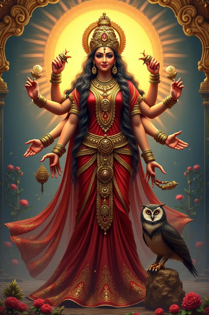 Creat hindu god luxmi ji with owl down name lolo bg software pattern big font 