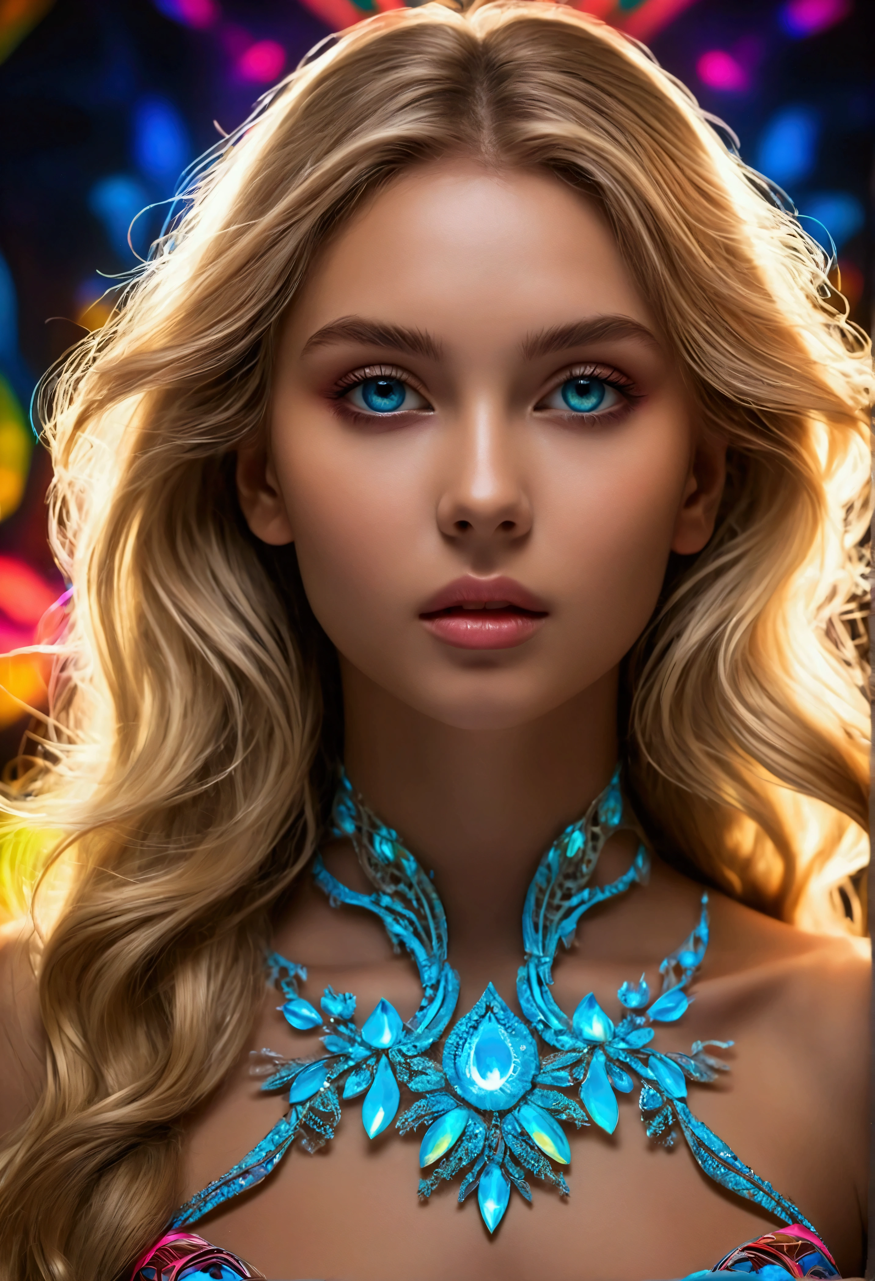 (work of art, Maximum quality, best qualityer, offcial art, beautiful and aesthetic:1.2), (1 girl:1.3), extremely detaild,(Fractal Art:1.2),fullcolor,highest details,( Zentângulo neon:1.2), (dynamic pose), (Abstract neon background:1.5), (traditional dress:1.2), (shining skin), (many colors:1.4), top half of body ,neon,16K,Full HD, blue colored eyes, beautiful eyes, olhos e rosto extremely detailds, beautiful eyes detalhados, ultra detali, light on the face, with long blonde hair, hair blonde, Fine body, skin fair, one of 1,