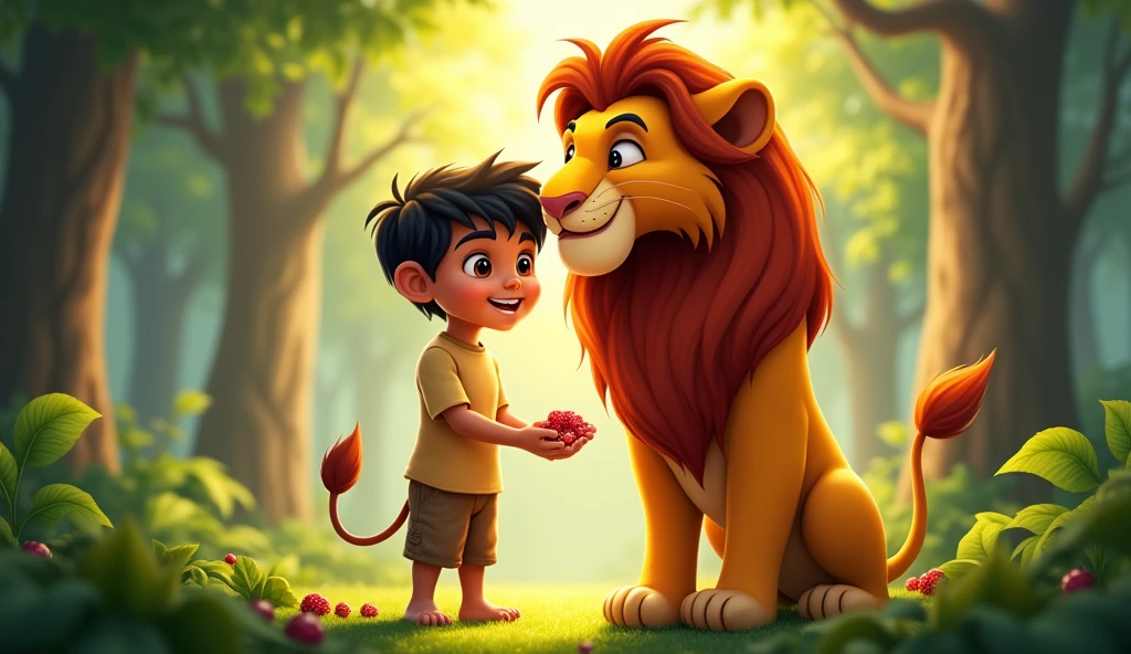 A vibrant and eye-catching thumbnail featuring **Arjun**, a young boy with bright eyes and a warm smile, standing confidently beside **Leo**, a majestic lion with a golden mane. They are in the middle of a lush, green forest with tall trees in the background. Arjun is holding out a hand filled with berries, while Leo gently nuzzles against him, showing their friendship. The scene is bathed in soft sunlight filtering through the trees, creating a warm and magical atmosphere. The title, "Arjun and Leo: The Boy and the Lion's Friendship," is displayed in bold, playful font across the top or bottom of the image, with bright colors to attract attention.