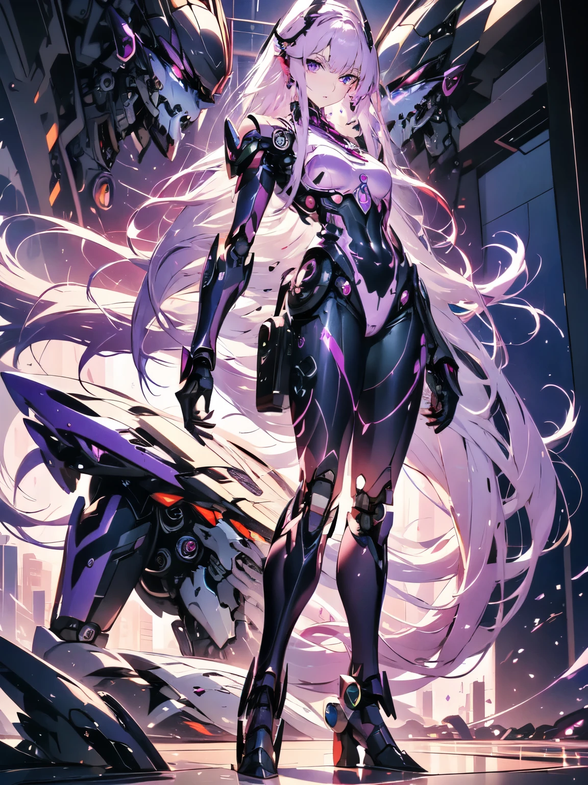 masterpiece, best quality, slenderness, pink color eyes, purple hair, From anime《code geass》, long hair, full body, purple and black tight combat suit, purple and black humanoid mech background, cyber punk, giant mech, futuristic city, code geass style, code geass anime, perfect face, detailed face, 