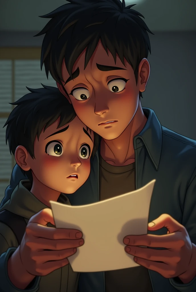 A close-up of Sam holding the note with a concerned expression. Max is looking up at Sam with a worried face.
Details: Soft lighting to emphasize Sam's concern and the note’s message.