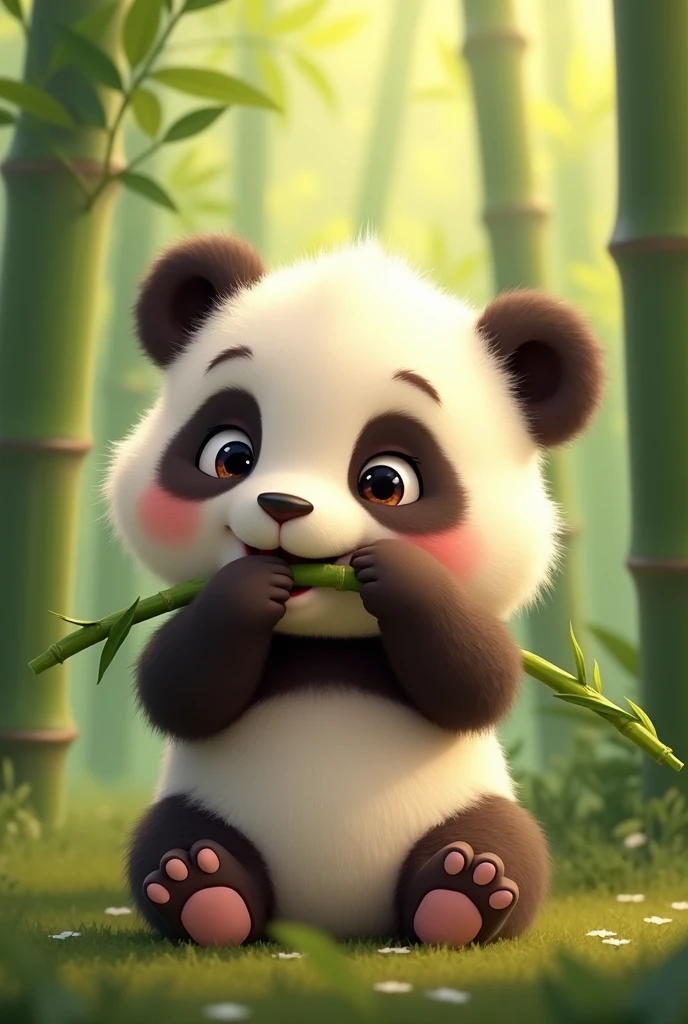 I need you to design me an animated image of a cute baby panda biting a bamboo branch