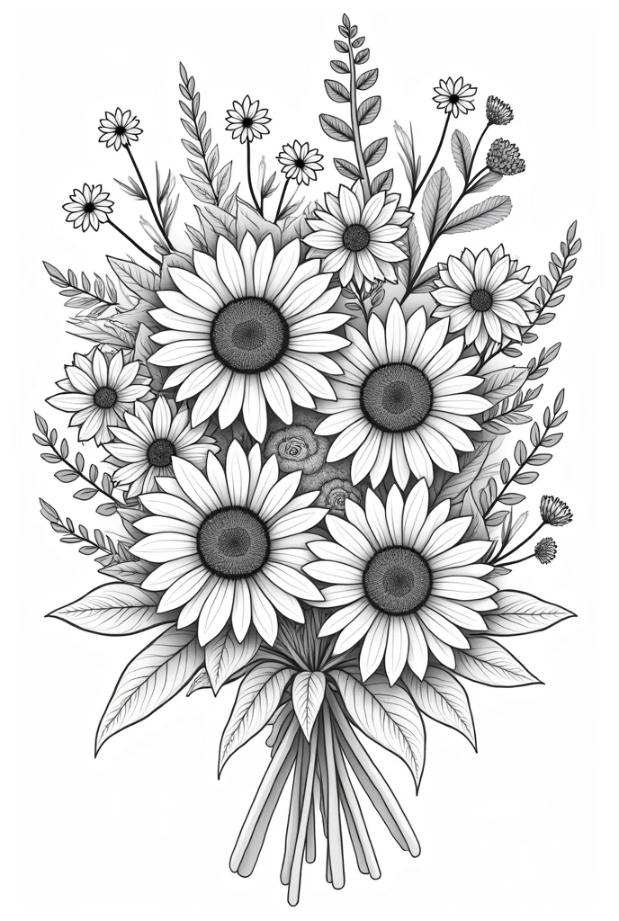 Can you make me a coloring template of a bouquet of flowers that covers, fills and completes the entire screen?, Black and white sheet with sunflowers and other flowers