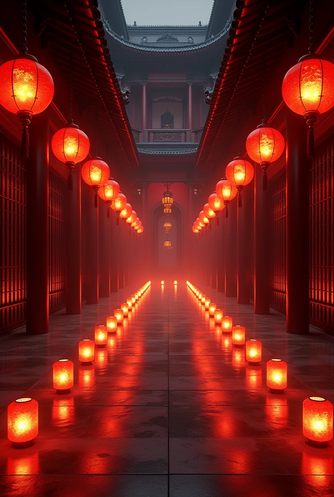 The large, enclosed room has a corridor with a veranda and sliding doors on both sides, and there are many lanterns that shine like a river of water. The overall atmosphere is black and red, and the decorations of the lanterns and sliding doors are beautiful.
