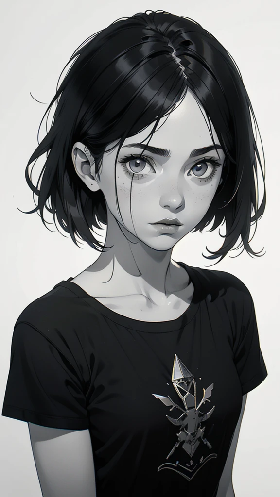 1 boyish girl, solo, sharp eyes, monochrome, greyscale, short black hair, portrait, white T-shirt, Thin eyebrows, closed mouth, looking at viewer, graphite \(medium\), detailed lips, hatching \(texture\), without makeup, bangs, upper body, (best illustration), (best quality), (very detailed), (masterpiece), expressionless,