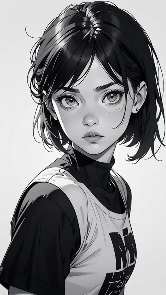 1 boyish girl, solo, sharp eyes, monochrome, greyscale, short black hair, portrait, white T-shirt, Thin eyebrows, closed mouth, looking at viewer, graphite \(medium\), detailed lips, hatching \(texture\), without makeup, bangs, upper body, (best illustration), (best quality), (very detailed), (masterpiece), expressionless,