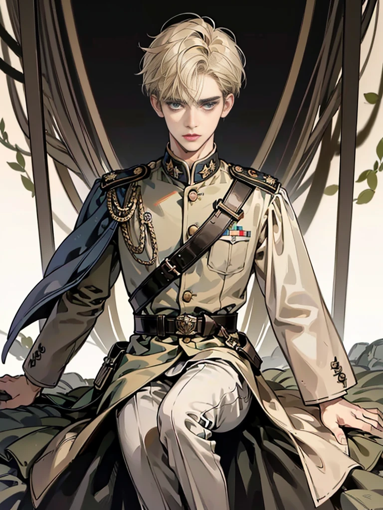 High image quality, raw photos, Everything is perfectly explained., perfect limbs, Perfect face and eyes, perfect limbs, ((Precisely drawn hand)), Beautiful eyes, depth of field, movie light, ((Beautiful boy)), Beige short hair, look at viewer, Realistic background, Very beautiful face, young men, details, full body,((Black military uniform))