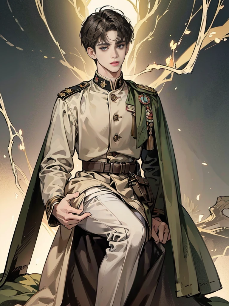 High image quality, raw photos, Everything is perfectly explained., perfect limbs, Perfect face and eyes, perfect limbs, ((Precisely drawn hand)), Beautiful eyes, depth of field, movie light, ((Beautiful boy)), Beige short hair, look at viewer, Realistic background, Very beautiful face, young men, details, full body,((Black military uniform))