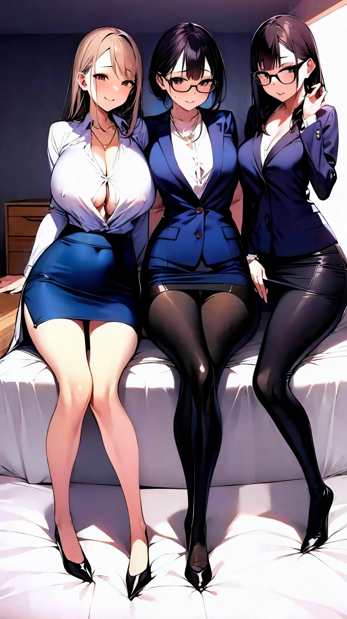 （（super high quality,））（（Ultra-high resolution,））（16K,）（super masterpiece,）（（Ultra HD ,））（Detailed shading,）Full body photo,Three sexy mothers,Sit side by side on the bed,Office Lady,（（popped Tight collar White shirts,））Unbutton the third button,Black tight skirt,Glasses,blush,Ahegao,necklace,wedding ring,Sweaty,Flowing Love Juice,