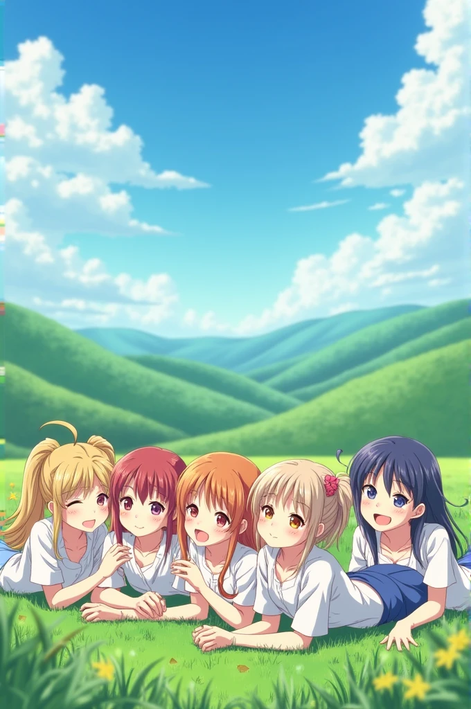 Five anime girls lying on the field holding hands