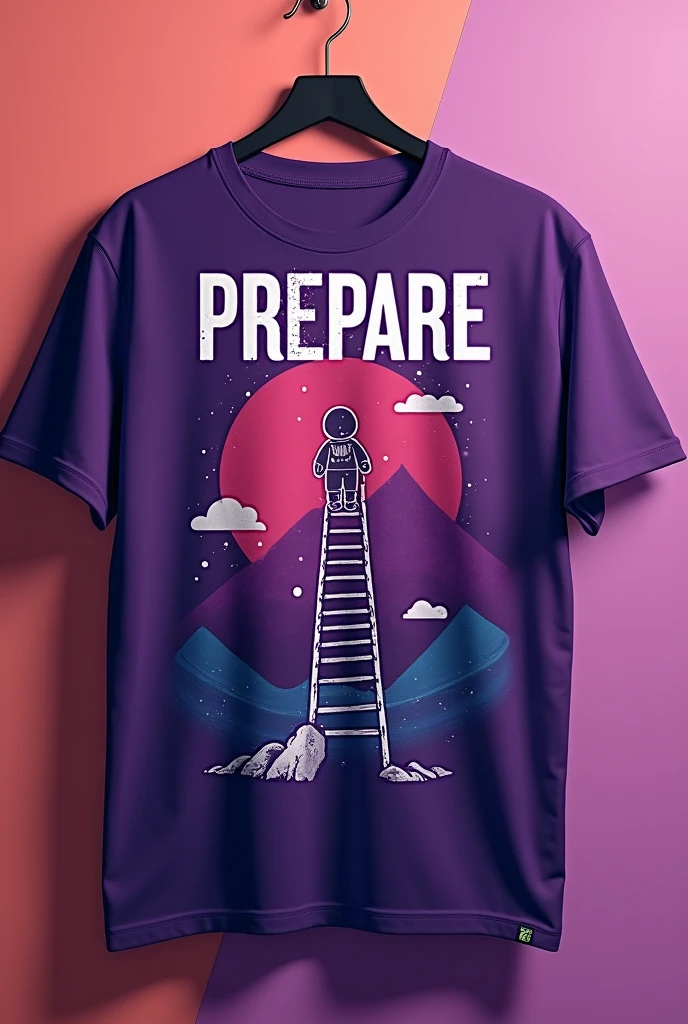 A purple shirt with the word Prepare written on it and a drawing of a string ladder on the shirt and a drawing of a string figure climbing the ladder looking up on the shirt