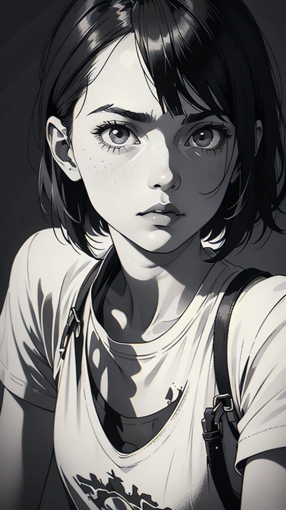 1 boyish girl, solo, sharp eyes, monochrome, greyscale, short black hair, portrait, white T-shirt, Thin eyebrows, closed mouth, looking at viewer, graphite \(medium\), detailed lips, hatching \(texture\), without makeup, bangs, upper body, (best illustration), (best quality), (very detailed), (masterpiece), expressionless,