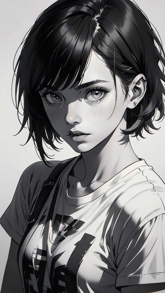 1 boyish girl, solo, sharp eyes, monochrome, greyscale, short black hair, portrait, white T-shirt, Thin eyebrows, closed mouth, looking at viewer, graphite \(medium\), detailed lips, hatching \(texture\), without makeup, bangs, upper body, (best illustration), (best quality), (very detailed), (masterpiece), expressionless,