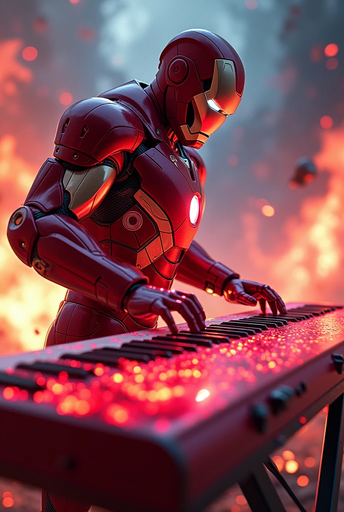 Iron Man Hero Playing a Red Keyboard, keyboard. digitl art, 8k, surreal, swirly vibrant colors, explosion behind, in war.