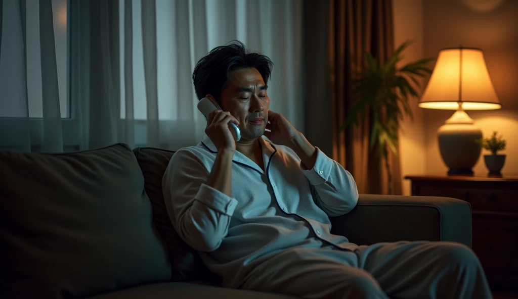 A Japanese salaryman responding to an urgent call from the office in his living room late at night. The scene is realistic, capturing the tension in the quiet of the night. The salaryman, dressed in loungewear, sits on the sofa with a slightly tired expression, holding his phone to his ear as he speaks seriously. The background features a dimly lit living room, softly illuminated by warm lighting, reflecting the pressure of dealing with an emergency late at night