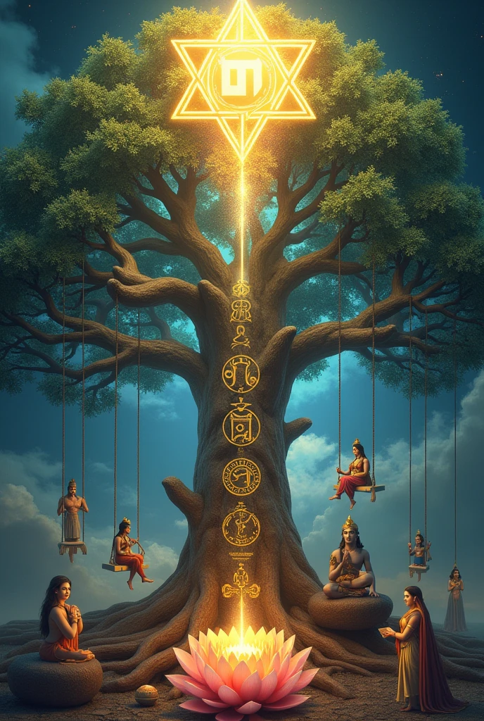 Create a 1440 x 2560 pixel image with the following elements:

1. At the top of the image, an aura of glory surrounding Hebrew name Ashen, shining and radiating light.
2. down, an imposing Kabbalistic Tree, with the torso displaying the 10 Sefirot of Kabbalah in an artistic and clear way.
3. At the base of the Tree of Life, depict Krishna and Radha sitting together on a swing that is attached to one of the branches of the tree, in a pose of adoration and harmony, with Shiva and his triluna, Parvati with baby Ganesha in her arms, representing union and protection.
4. Include Brahma and Saraswati near the tree holding surrounded by holy books of Christianity, Judaism, Hinduism 5. At the top of the Tree of Life, a magnificent lotus flower, symbolizing purity and enlightenment.
6. Add a Krishna Tree bag next to the tree, representing energy and sacredness.
7. The scene must be enveloped in a mystical and heavenly atmosphere, with intricate details that highlight the importance and spiritual beauty of the elements as well as hermetic symbols.