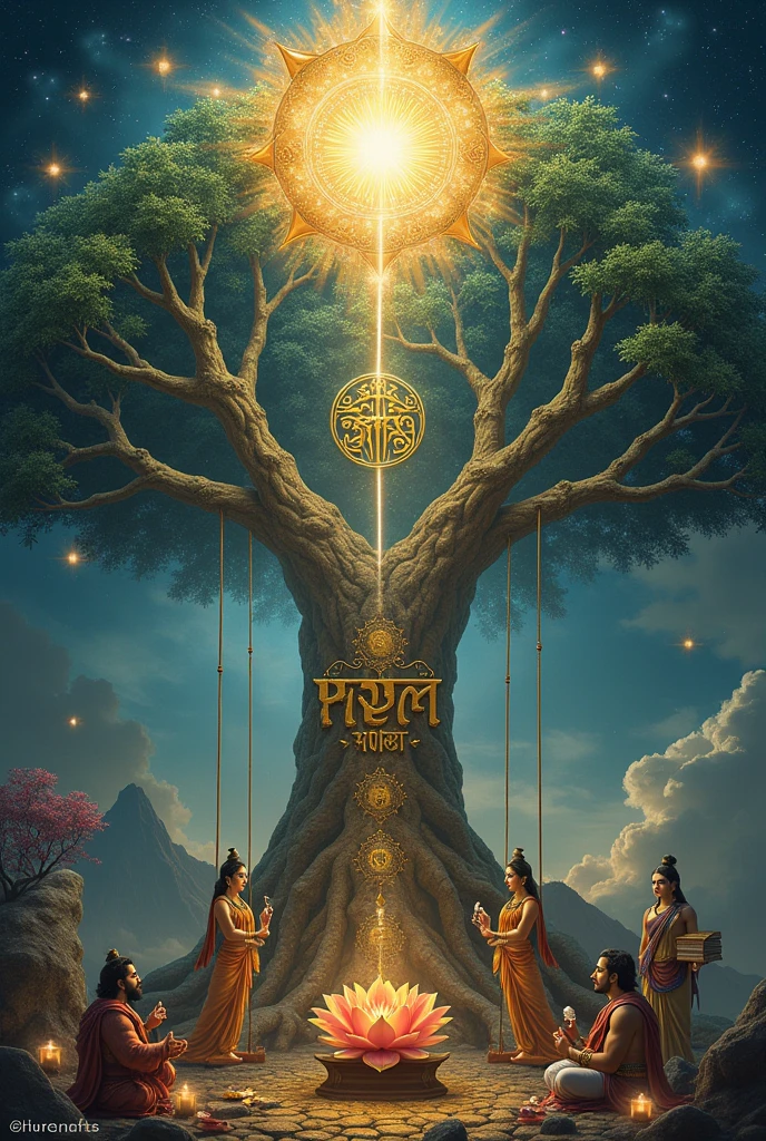Create a 1440 x 2560 pixel image with the following elements:
1. At the top of the image, an aura of glory surrounding Hebrew name Ashen, shining and radiating light.
2. down, an imposing Kabbalistic Tree, with the torso displaying the 10 Sefirot of Kabbalah in an artistic and clear way.
3. At the base of the Tree of Life, depict Krishna and Radha sitting together on a swing that is attached to one of the branches of the tree, in a pose of adoration and harmony, with Shiva and his triluna, Parvati with baby Ganesha in her arms, representing union and protection.
4. Include Brahma and Saraswati near the tree holding surrounded by holy books of Christianity, Judaism, Hinduism 5. At the top of the Tree of Life, a magnificent lotus flower, symbolizing purity and enlightenment.
6. Add a Krishna Tree bag next to the tree, representing energy and sacredness.
7. The scene must be enveloped in a mystical and heavenly atmosphere, with intricate details that highlight the importance and spiritual beauty of the elements as well as hermetic symbols.