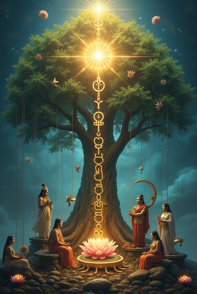 Create a 1440 x 2560 pixel image with the following elements:
1. At the top of the image, an aura of glory surrounding Hebrew name Ashen, shining and radiating light.
2. down, an imposing Kabbalistic Tree, with the torso displaying the 10 Sefirot of Kabbalah in an artistic and clear way.
3. At the base of the Tree of Life, depict Krishna and Radha sitting together on a swing that is attached to one of the branches of the tree, in a pose of adoration and harmony, with Shiva and his triluna, Parvati with baby Ganesha in her arms, representing union and protection.
4. Include Brahma and Saraswati near the tree holding surrounded by holy books of Christianity, Judaism, Hinduism 5. At the top of the Tree of Life, a magnificent lotus flower, symbolizing purity and enlightenment.
6. Add a Krishna Tree bag next to the tree, representing energy and sacredness.
7. The scene must be enveloped in a mystical and heavenly atmosphere, with intricate details that highlight the importance and spiritual beauty of the elements as well as hermetic symbols.