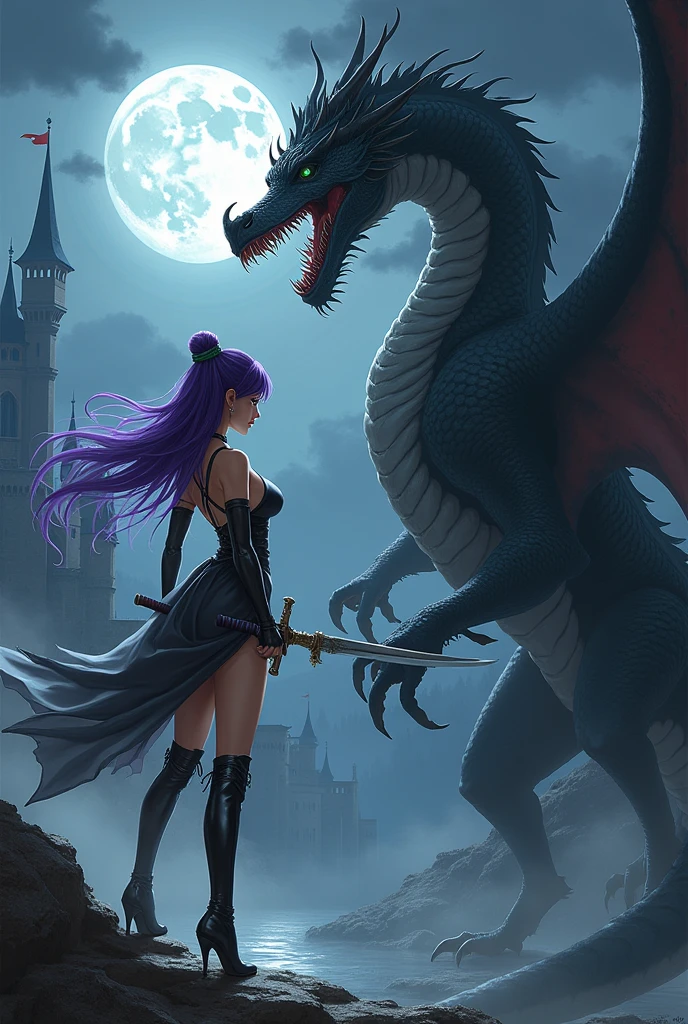 An elegant and refined woman with green Asian eyes, perky breasts, thin waist and wide hips, purple hair. fully body, high heel boots. holding a katana sword. realisitic. In the background a medieval castle. Fighting a black and gray colored dragon, very angry and bad. The dragon must be black and gray in color., at night only the new moon. Attention the dragon is black and gray. Black dragon. Please make the dragon black.