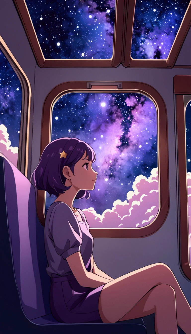 Aesthetic cartoon-style photograph with a background of stars and nebulae. In the background, a girl sits in a train window with windows on all sides and on the ceiling, looking at the starry sky from the ceiling. Journey. Dark purple colour scheme for a dreamy atmosphere. Overall attractive and professional design. High image quality . Outside, nebula sky, at night, high resolution in cartoon style, with cartoon aesthetics.