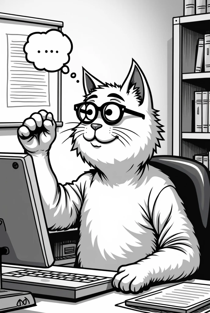 create a cat with glasses,  that I&#39;m writing on a computer for a comic that is in black and white and looks more serious, is teacher, that he smiles and looks like he had an idea
