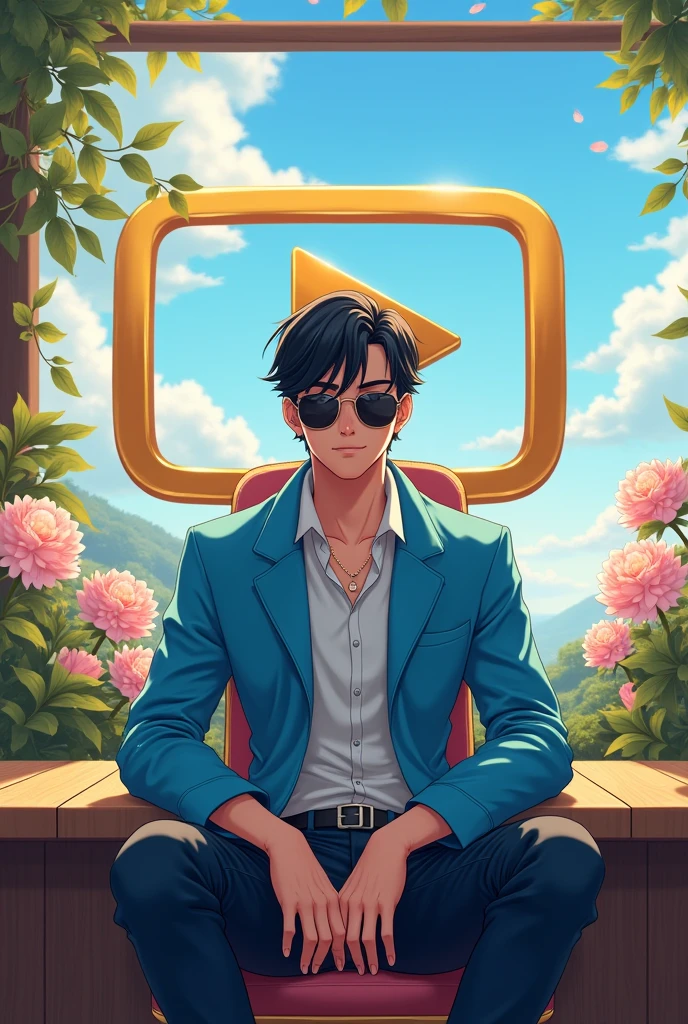 A Anime man character with blue sky jacket sit on chair with black sunglasses and front side table and background side golden play button and flowers and show pics