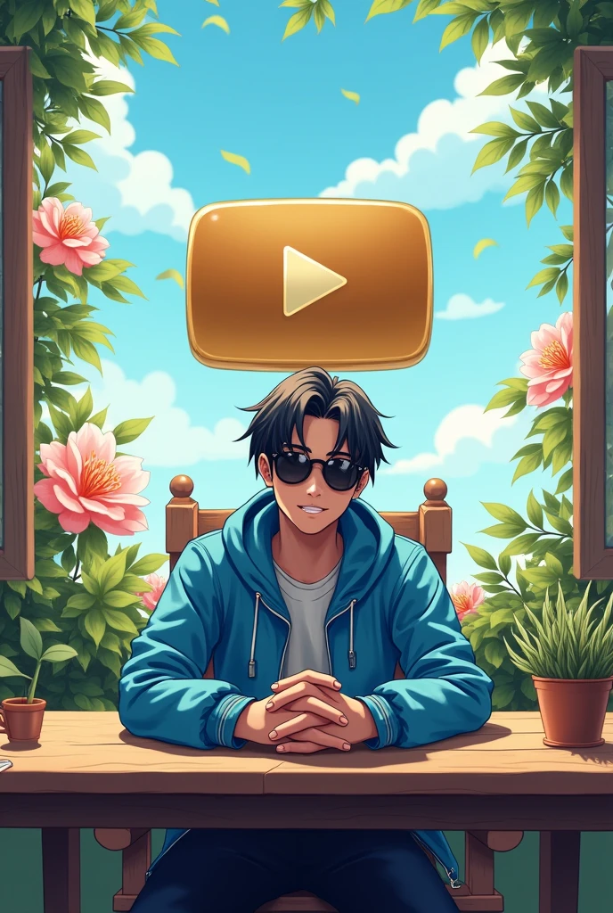A Anime man character with blue sky jacket sit on chair with black sunglasses and front side table and background side golden play button and flowers and show pics
