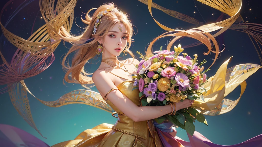 32K, 最高quality, 最高masterpiece, (ultra-Detailed Background, Detailed Background), High resolution, Super detailed, Very detailedな, 1 personの, (bouquet:1.3), (Tangled:1.2), (Geometric:1.2),(colorful),(masterpiece, quality, best quality, Official Art, Beautiful and beautiful:1.2), (1 person:1.3), Very detailed,(colorful:1.1)(Flowers:1.3),Most detailed,(Tangled:1.2), whole body, (Abstract background:1.3), (Skin glows), (Many colors:1.4), ,(Earrings Jewelry:1.5), Gradient Background, Beautiful and sparkling background, It's imaginative., Flaxen Hair,