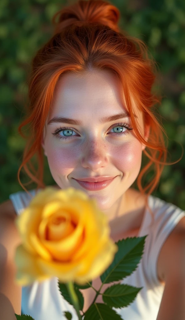 raw photo in UHD RAW format, (taking selfies, aerial view: 0,9), (straight half of the torso: 1,0). A 20 year old girl with a bun, natural red hair and blue eyes, shy smile[ hyper-realistic texture ], [ hyper-realistic skin texture ], good lighting. fine-details, olhos e rosto extremamente symmetrical, extremely detailed, symmetrical, sharp piercing eyes. a yellow rose
