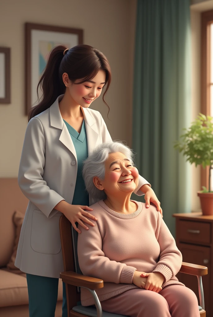 A realistic image with an elderly woman, white e com cabelos grisalhos, smiling, sitting on a chair and next to her, with his hands on your shoulders, A woman young, white, with dark brown hair tied up, smiling, who is the caregiver of this elderly woman, vestida com jaleco e calça white. Ao fundo, a traditional room, with sofa, curtain and small table and plant pot.