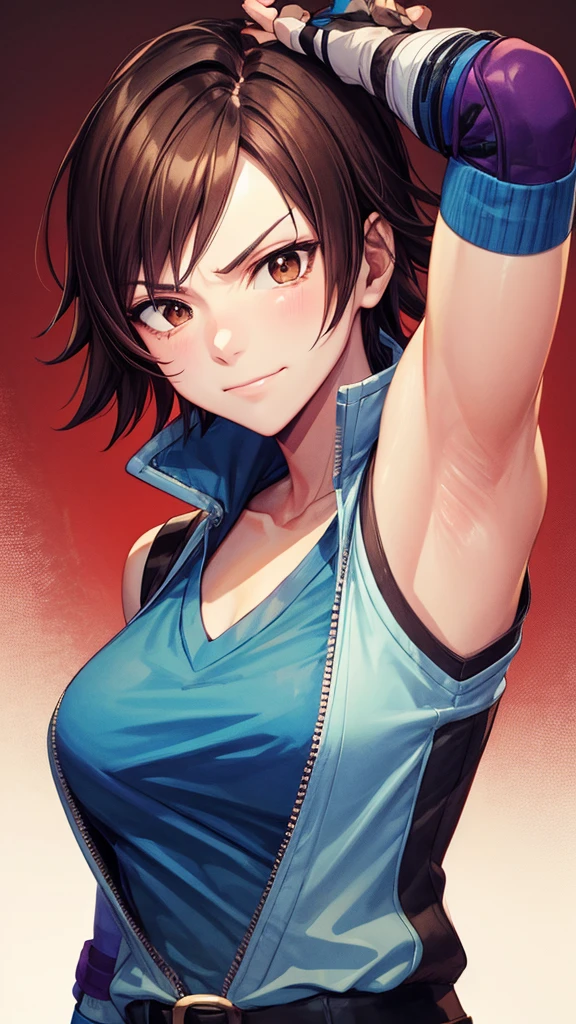 masterpiece, Highest quality, Kazama Asuka, Brown Hair, See through, Blue Shirt, Fingerless gloves, View your viewers, Frowning, smile, Upper Body, Gradient Background, Red background, Large Breasts, Armpits are visible