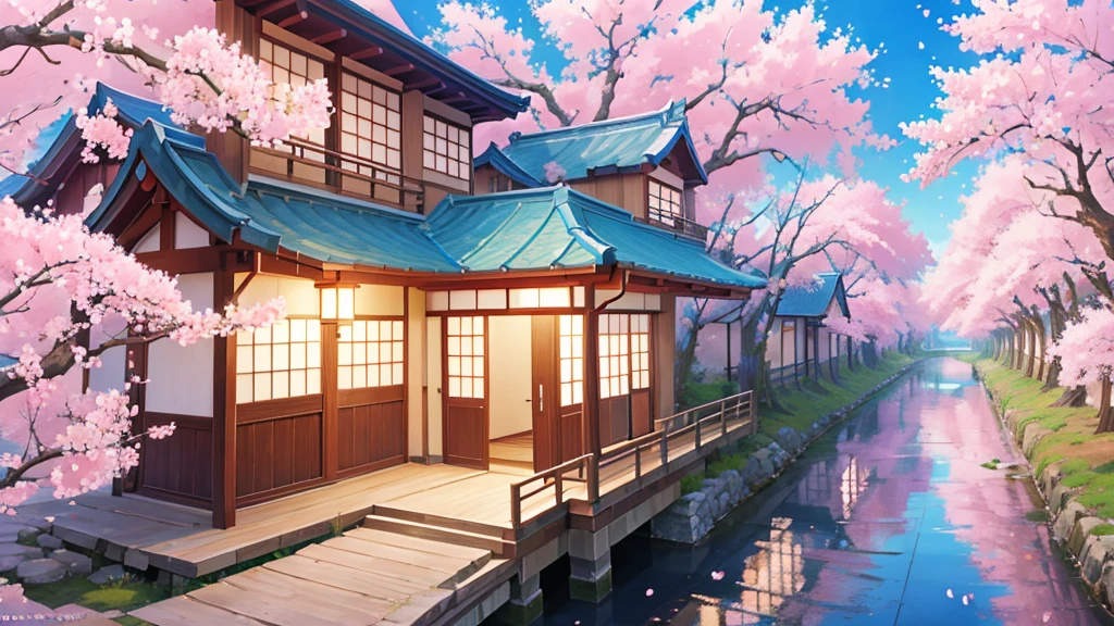 japanese town landscape, upstairs, vegetation, windy, sakura blossoms, anime style, ultra detailed, boy, girl