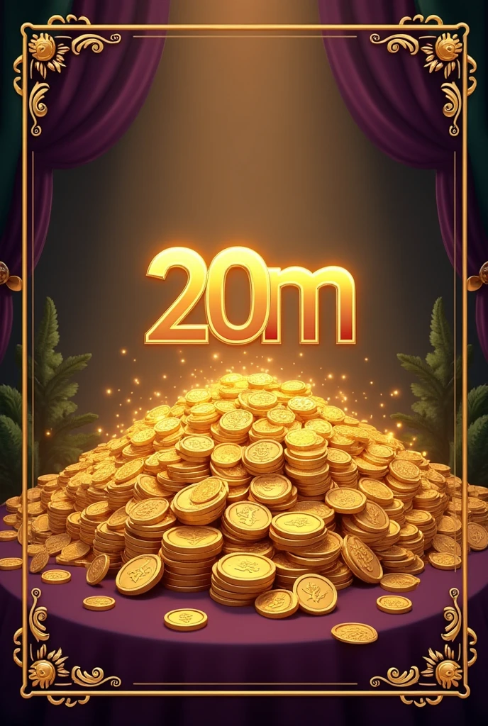 "A design that features a large, glowing pile of golden coins and currency symbols, with a deep purple or dark green color scheme. The card should exude wealth and power, with a sophisticated and luxurious feel. Overlay text should display '20M' prominently in a bold, modern font, and the border should have a gold or platinum finish to signify its elite status."
